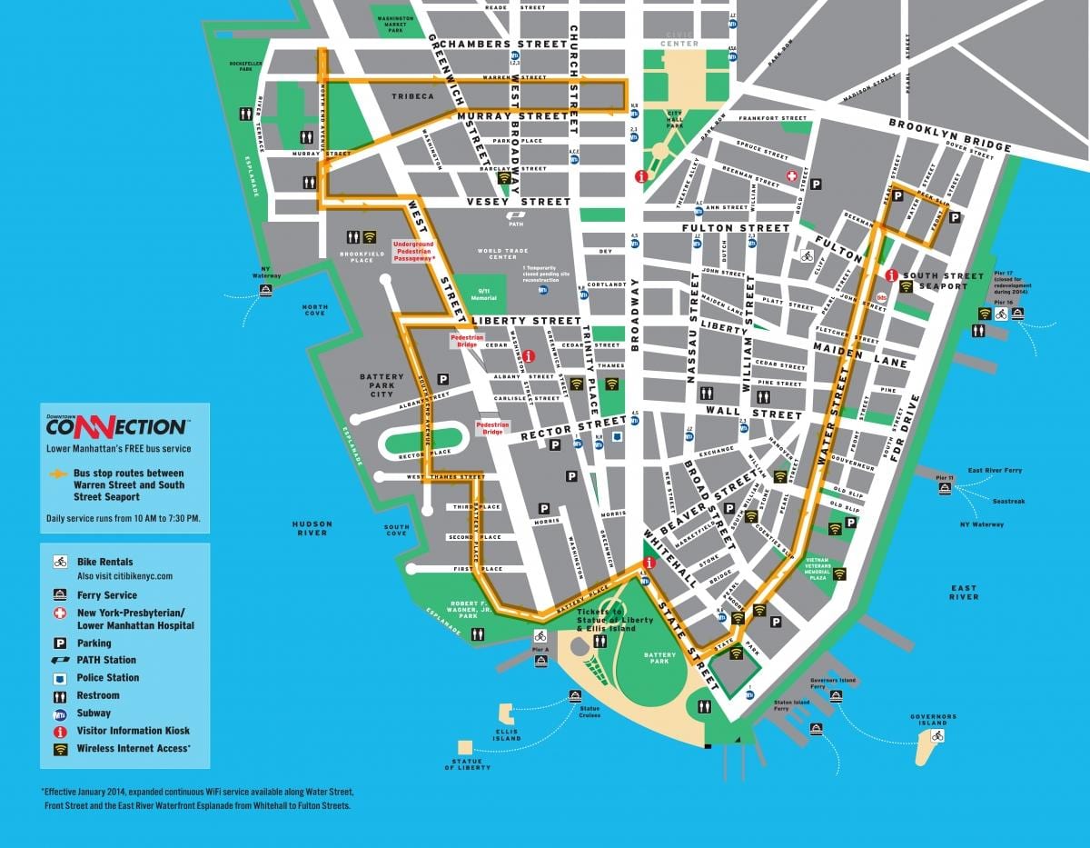 le bas Manhattan, visite à pied de la carte